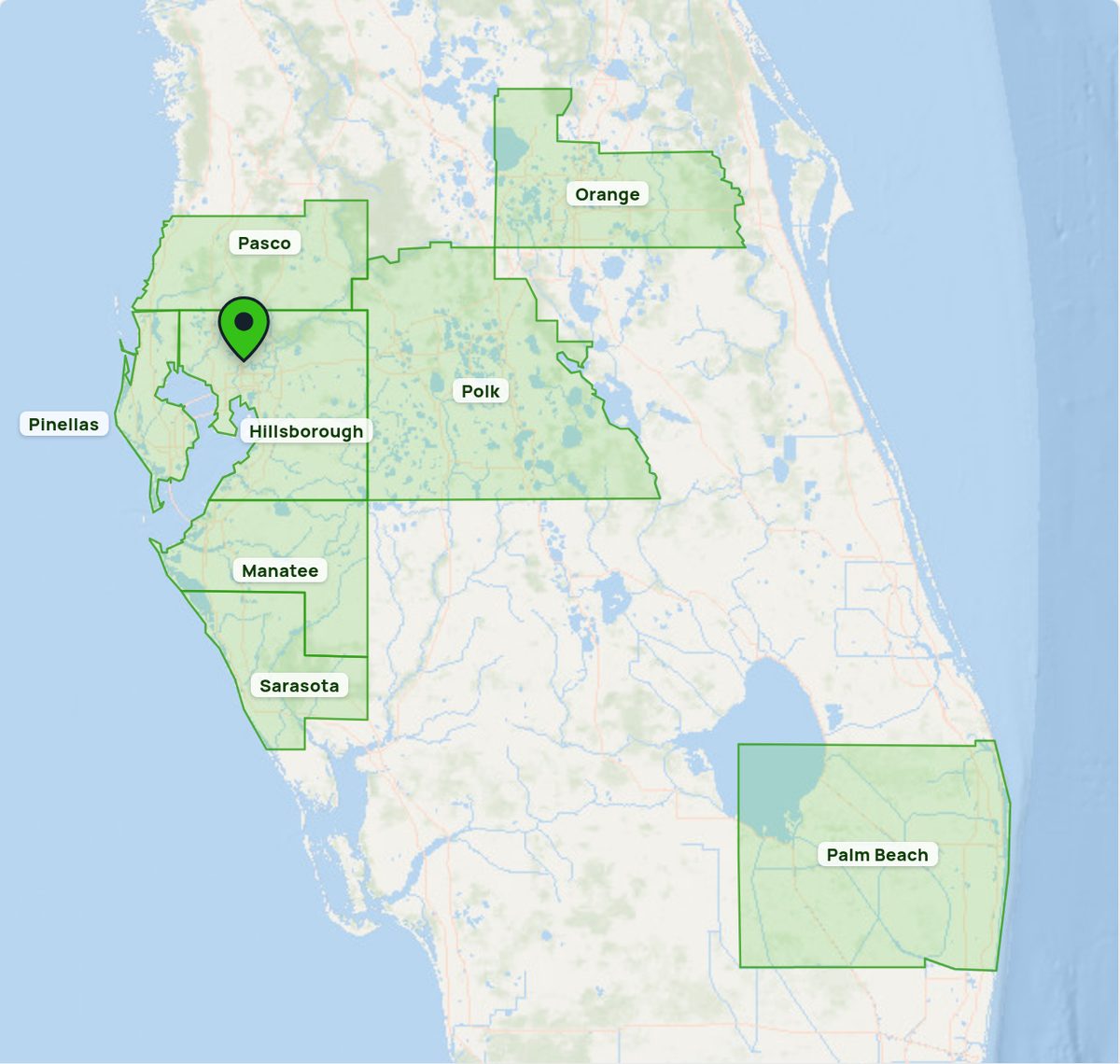 Map of Florida with the 8 counties we serve shaded and our Tampa office pinned